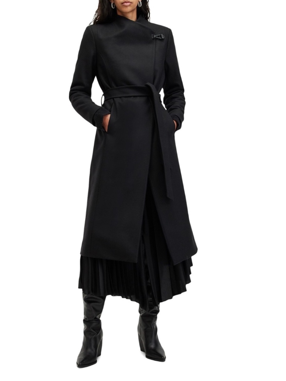 ALL SAINTS Riley Wrap Around Belted Long Line Wool Coat